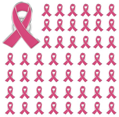 Octobre Rose Lot De 50 Broches, Ruban Rose de Sensibilisation Cancer du Sein Pin's Octobre Rose 2024 Accessoires Soutenir la Cause Survivante du Cancer du Sein Femmes Broche 6x4 cm (One Size)
