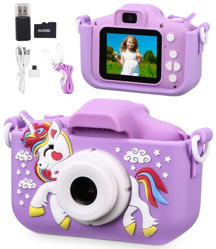 Macchina Fotografica Bambini,2.0 Pollici Schermo Mini Ricaricabile Fotocamera Digitale,1080P HD Videocamera Regalo Giocattolo di Natale & Compleanno per Ragazze Ragazzi 3-10 Anni,con Scheda 64GB