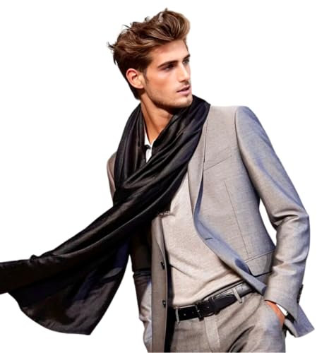 LA FERANI Herren Schal 100% Seide Chiffon Halstuch Seidenschal schhwarz 180x80cm Uni Farbe für Anzug schwarz formelle Anlässe Business Stil einfarbig leicht (Schwarz)