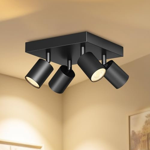 LVWIT Lámpara de Techo con 4 Focos Giratorios GU10, Lámpara de Pared Interior Negro Ajustable Base Cuadrado, Iluminación para Dormitorio Pasillo Cocina (Sin Bombillas)