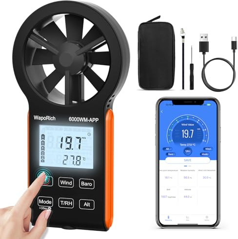 Wind Speed Anemometer Bluetooth, WapoRich Handheld Wind Gauge Measures Atmospheric Pressure/Humidity/Temp/Dew Point/Wind Chill/Altitude with MAX/MIN/AVG for HVAC Drone Sailing - RQ-6000WM-APP