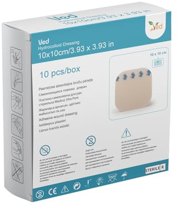 VED Hydrocolloid Dressing, Extra Thin Waterproof Adhesive Plasters, Breathable Bandages for Light Exudate, Skin Protection, Surface Wound Care, Faster Healing. (10 x 10 cm (10 Pack))