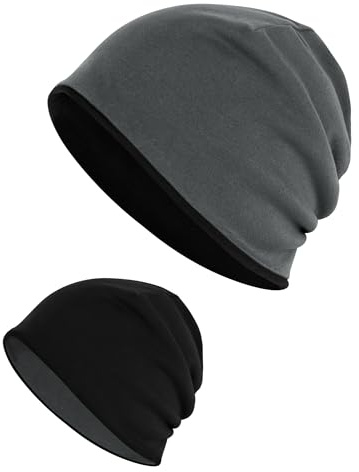 Kiiwah 2 en 1 Réversible Bonnet Hiver pour Homme Femme, Slouch Long Beanie Unisexe pour Sport Ski Moto Cyclisme Chimio (Noir + Gris)