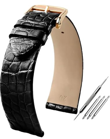 Poyuad Correa de piel de cocodrilo de 19 mm de ancho, unisex, de repuesto, ideal para uso diario.,Negro-Dorado,17 mm