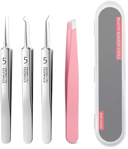 3PCS Precision Blackhead Remover Tweezers & 1PC Ingrown Hair Tweezer, Stainless Steel Blackhead Extractor, Curved Tip Black Head Remover Tool Kit for Pimple Whitehead