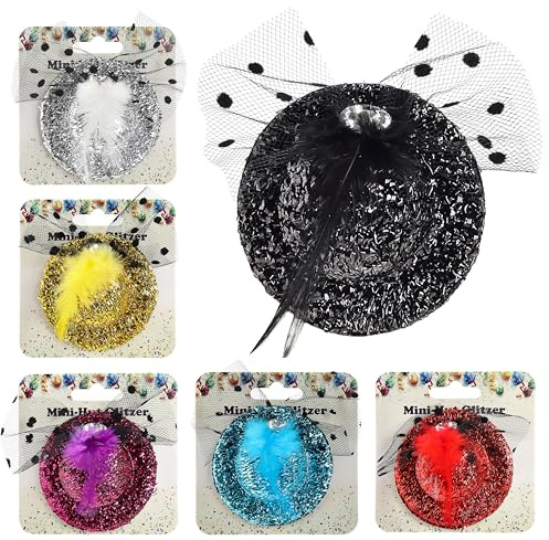 Cepewa Mini Glitzerhut mit Feder 12er Set | ca. 7cm 6 Farben Metallklammer Polyester | Hut klein Motto-Party JGA Silvester Mini-Zylinder Partyhut