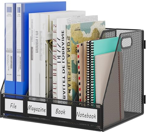 EasyPAG Organizador de escritorio de metal A4 con 4 compartimentos, para documentos, soporte para revistas, color negro