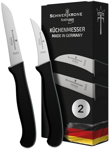 Schwertkrone® Coltelli da Cucina Set 2x [MADE IN GERMANY] - Spelucchino Curvo e Coltello Dritto per Frutta e Verdure - Coltello Affilato - Coltello Verdure - Lama Rigida - Coltelli Spelucchino