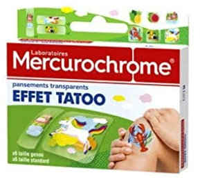 MERCUROCHROME - Pansements Transparents Effet Tatoo - 2 Tailles : Taille Standard et Taille Genou - Résistants à l'Eau - Boite de 12 pansements pour enfants