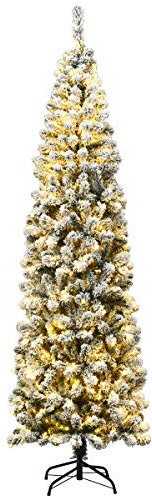 COSTWAY 135/180/225cm Bleistift Weihnachtsbaum mit Schnee und warmweißen LED-Leuchten, künstlicher Tannenbaum mit Metallständer, Christbaum PVC Nadeln, Kunstbaum Weihnachten Klappsystem Grün
