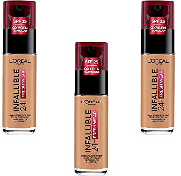 L'Oréal Paris Infaillible 24H Fresh Wear Liquid Foundation, deckend, langer Halt, 300 Bernstein, 3er Pack (3 x 30 ml)