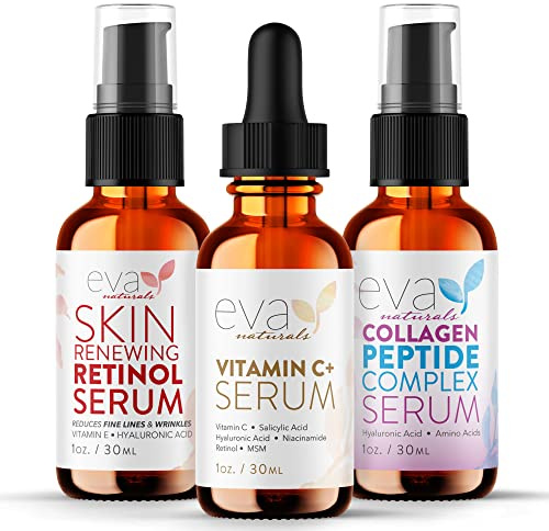 Eva Naturals Trifecta Face Serum Set – Retinol, Vitamin C & Peptides with Hyaluronic Acid & Niacinamide – Anti-Aging Skincare Bundle for Women – Collagen Boosting, Wrinkle & Spot Treatment