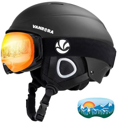 VANRORA Ski Helmet and Goggles Set, Black M/Grey Lens Revo Red Coating