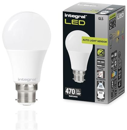 Integral LED GLS B22 Nicht dimmbare Milchglas Glühlampe mit Dämmerungssensor | Dual Sensor Warm White 4000K, 470lm, 4.8W (entspricht 40W) für draußen, Veranda, Garage, Garten