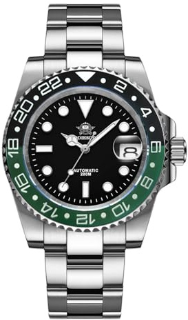 ADDIESDIVE Montre Analogique Automatique pour Homme Montre de plongée Lumineux 20 Bars étanche Bracelet en Acier Inoxydable H3 Cadran Noir Lunette Noire et Verte