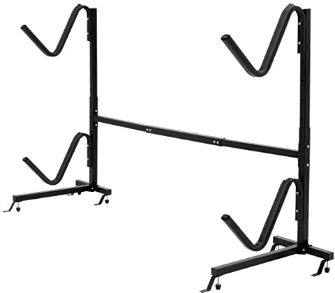SPOTRAVEL Double Kayak Storage Rack, Free Standing Kayak Stand Carrier with Hooks, Indoor Outdoor Heavy Duty Storage Rack System for SUP Canoe Paddleboard (242 x 73 x 141 cm, no Wheels)