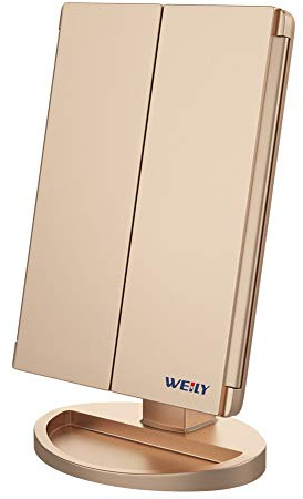 WEILY Espejo Maquillaje con Luz, Espejo Aumento con 1X/2X/3X, Espejo Led Plegable con 36 LED y Pantalla Táctil, Espejo de Mesa Soporte USB y Batería (Oro Rosa)