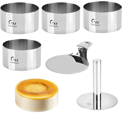 Guowall Círculo para pastelería de acero inoxidable, 4 anillos redondos con 1 empujador y 1 espátula, 10 cm de diámetro, 5,5 cm alto, Molde para Tarta y Postre