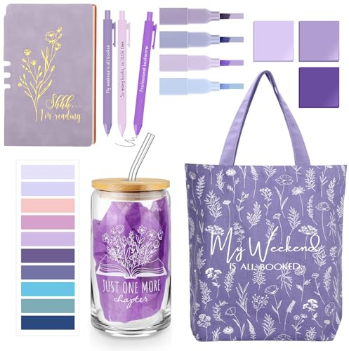 Havawish 14 Pcs Book Lovers Gifts for Women 16 oz Glass Cup Tote Bag A6 Journal Notebook Ballpoint Pens Highlighters Sticky Notes for Library Reader Bookworm Book Club(Purple,Aesthetic)