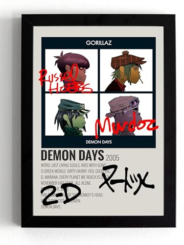 Demon Days-album av Gorillaz - låttomslag signerad affisch merchandise gåva - A5 inramat väggkonsttryck (ram 21 x 16 cm)