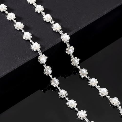 PH PandaHall Cadena de perlas con diamantes de imitación, cadena de cristal de 0.4 pulgadas de ancho, apliques de perlas para vestidos de novia, manualidades, decoración de disfraces de novia, 0.9