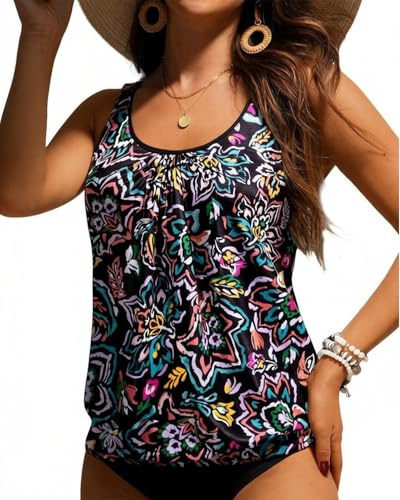 Yonique Womens Blouson Tankini Top No Bottom Loose Fit Swim Top Modest Tank Top Colorful Paisley M