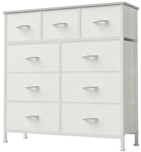DUMOS Dresser for Bedroom, Storage Organizer with 9 Drawers, Chest of Drawers with Fabric Bins, Sturdy Metal Frame, Wood Tabletop for Guest Room, Closet, Entryway, White
