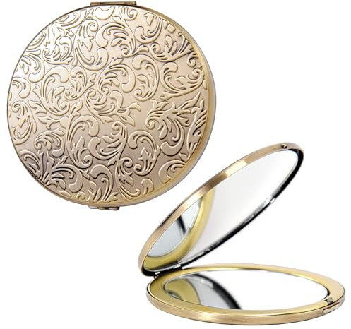 EYIWEITING Ovaler Mini-Metall-Klappspiegel, praktisch, kompakt, schön, robust und langlebig, 1X/2X Lupe. (Oval Muster Bronze)