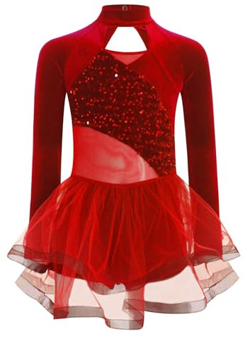 ranrann Enfant Fille Tutu Robe Danse Ballet Justaucorps Danse Classique Paillette Velours Tenue Manches Longues Costume Danse Jazz Rouge 5-6 ans
