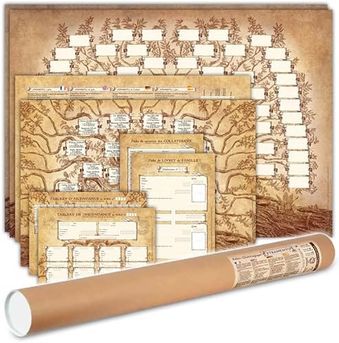 Arbre Généalogique Haut de gamme (7 générations) – Papier Longue Durabilité 240g – Pack Complet avec Guides – Design à la Main – Écologique & Made in France – Idéal Cadeau Famille ou Généalogie