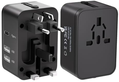 Travel Plug Adapter with 2 USB A+1 USB C,Universal All in One Worldwide Travel Adapter,Power Converters Wall Charger,AC Power Plug Adapter,International Power Adapter for USA EU UK AUS Black