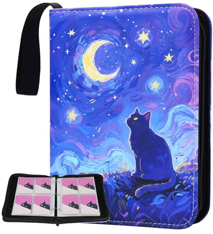 Cute Cat Card Binder, 400 Pocket Card Album for Girls Gifts, Black Cat kitten Trading Game Card Holder Album for Standard Size Cards, Collectible Game Collection Case (Starry)