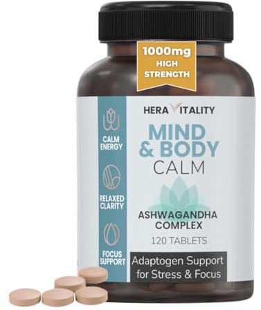 Mind & Body Calm – Daily Stress & Calm Support | Ashwagandha Complex 1000mg for Energy, Focus & Relaxation | Adaptogenic Balance Supplement | 120 Vegan Tablets