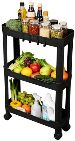 Ribelli Rollwagen 3 Ebenen, Küchenwagen schmal, Küchenregal auf Rollen, Nischenregal mit 8 Haken, Servierwagen Kunststoff für Bad, Küche, Büro, Schwarz