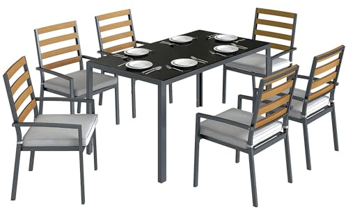 Outsunny Set Tavolo e Sedie da Giardino 7 Pezzi, Set Pranzo Esterno con Tavolo da Giardino Rettangolare in Vetro Temperato, 6 Sedie, Cuscini, Struttura Acciaio Zincato per Terrazza Balcone, Nero