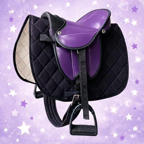Brama West Ensemble de selle pour cheval en bois « My Happy Pony » | Selle pour shetty, cheval en bois et cheval en peluche | avec tapis de selle, sangle, étriers et étrivières (Noir/Violet)