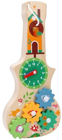 Erchineko Wooden Gear Clock Violin Toy Educational Sensory Activity Board for Kids 3+ Years Old, Beech Wood Simulation Violin Shape Clock Puzzle Hand Eye Coordination Development Toy