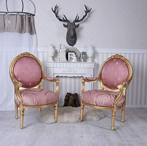 Palazzo Lot de 2 fauteuils baroque rembourrés en bois doré rose cat372a46