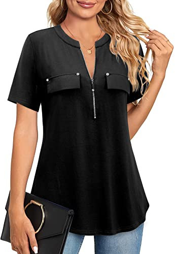 Amrto Damen Kurzarm T-Shirt Sommer Casual Reißverschluss Tunika Tops V-Ausschnitt Arbeiten Bluse Einfarbig, Schwarz, XXL