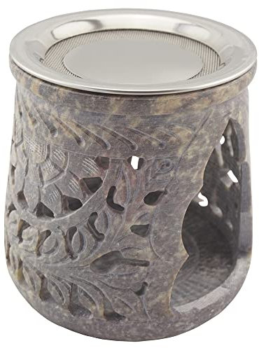 Handgefertigtes Räucherstövchen aus indischem Speckstein, graublau-marmoriert – Design „Jamal“ – inkl. Edelstahlsieb & Metallscheibe – 10 cm Höhe, Unikat