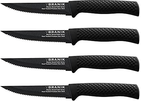BRANIK Premium 4 Pc Steak Knives Set – Ultra-Sharp Serrated German Steel with Ergonomic Handles – Dishwasher Safe, Rust-Resistant