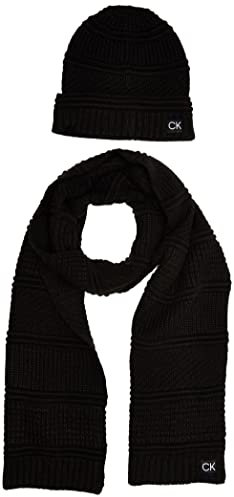 Calvin Klein Herren Men's Cuff Hat and Scarf Gift Set Mütze für kaltes Wetter, Schwarz gemischte Streifen, Einheitsgröße