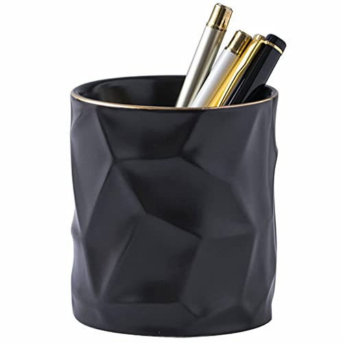 YOSCO Ceramic Irregular Round Pen Holder For Desk Cute Stand Gold Line Aesthetic Pencil Cup Pot Desk Organizer for Men Women Makeup Brush Holder (Black)