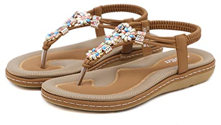 FOGOIN Sandals Womens Ladies Flat Toe Post Bohemian Sandals | Summer Flip Flops, PU Leather, Comfortable, Lightweight, Non-Slip, Walking Sandals, Thongs Beach Shoes