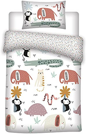 Aymax Kleinkinder-Bettwäsche-Set, Tiere Wendemotiv, Baby Bettbezug 100 x 135 cm, Kopfkissenbezug 40 x 60 cm, Baumwolle, mit Elefanten, Krokodilen, Affen...
