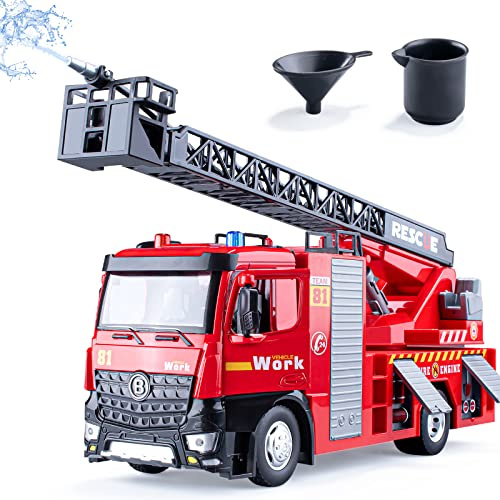 HAPYAD Fire Truck Toy Metal Cab, Firetruck Toy with Lights and Siren Sounds, Working Water Pump and Ladder, Gifts for Toddlers Kids, 12