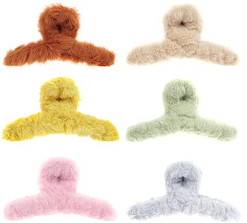 Kunstfell Haarklammer Set | 6 Stück Pastellfarben | große Plüsch Haarspange | 12cm