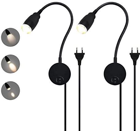 Leselampe Bett Wandmontage Einstellbarer Fokus Flexible Schwanenhals Wandleuchte LED Wand Leseleuchte mit Stecker und Schalter, 3W Bettleuchte aus Aluminium für Schlafzimmer, Bett, (Schwarz-2 pieces)…