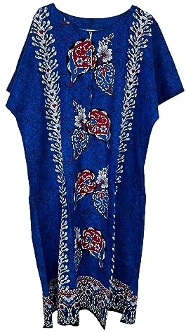 Kiran Fashion Vestido largo caftán para mujer, 100 % algodón, estampado étnico, para playa, talla única, azul, Talla única