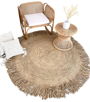 BALI BALI Teppich aus Raffia Rund mit Fransen Boho-Stil 100-140cm | Natürlich Geflochtener Strohteppich | Handgemachter Stroh-Teppich